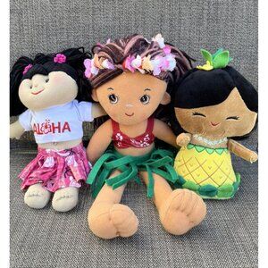 Hawaiian Hula Girl Plush Doll lot of 3 Hawaii‎ Yarn Hair Aloha Pineapple